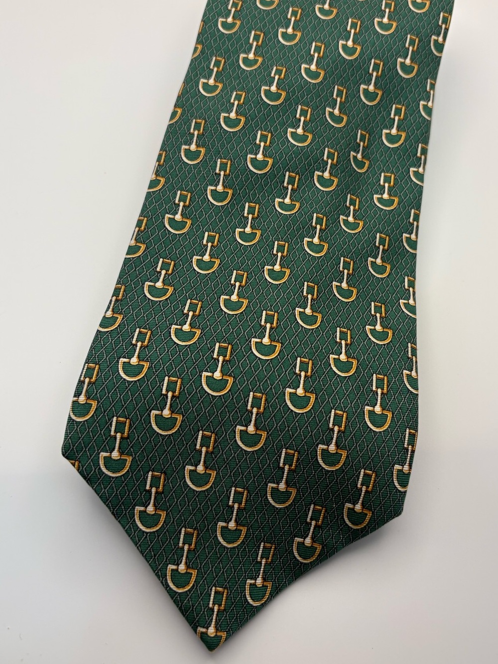 Botticelli Men's Tie 100% Green with Gold Horsebit Motif Equestrian 59" x 3 3/4"